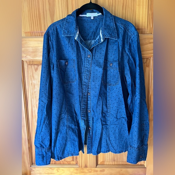 Isaac Mizrahi Blue Polka Dot Denim Shirt - Picture 1 of 5